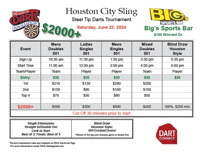 Houston City Sling steel-tip darts tournament flyer with entry and prize details
